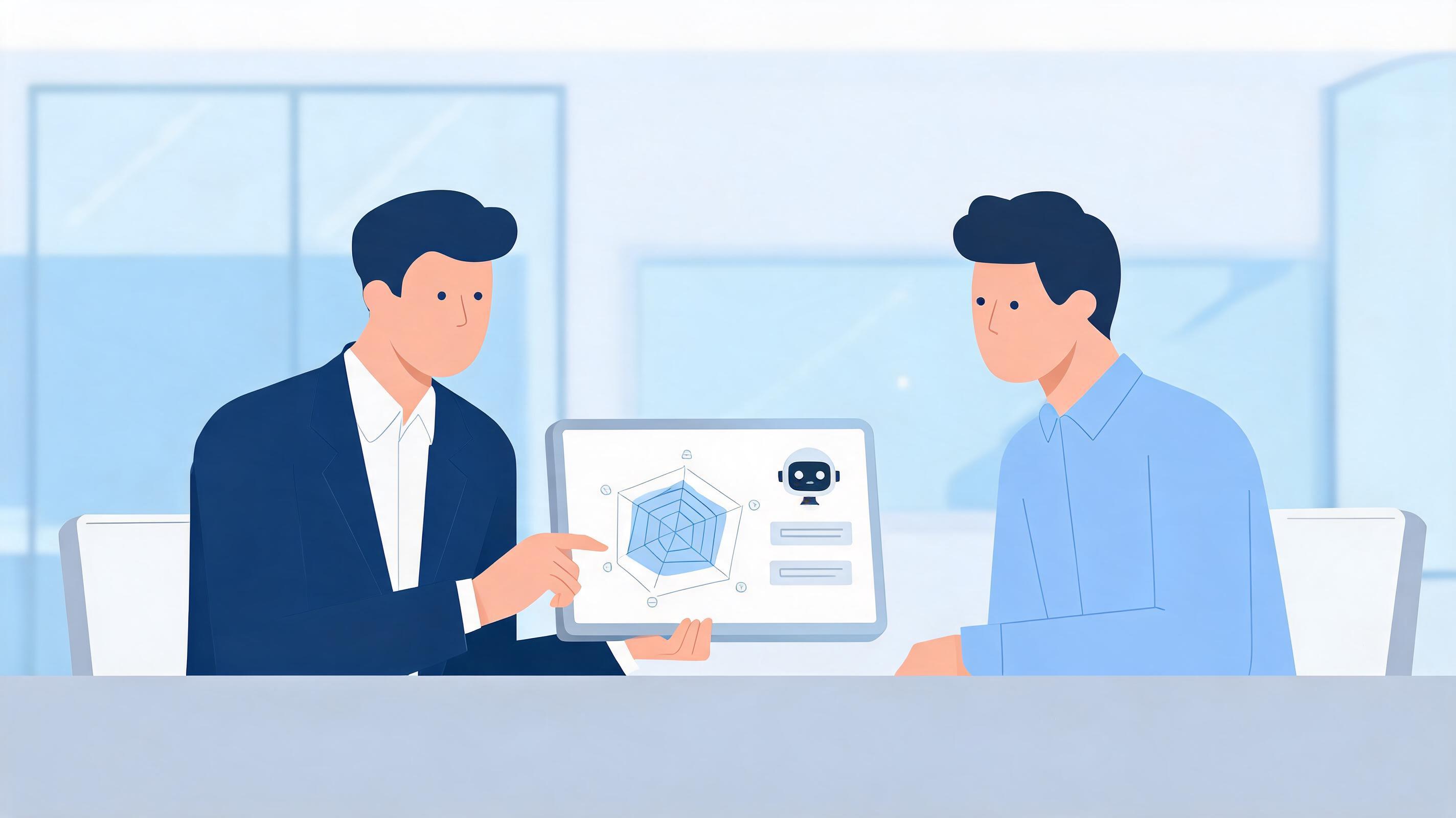 图片：企业管理层在绩效面谈中使用平板查看360评估雷达图和AI建议的场景