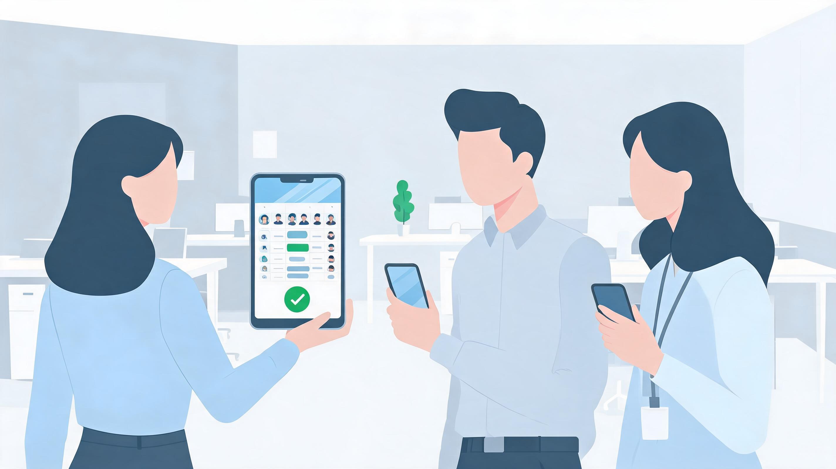 图片:企业HR团队使用移动端查看AI自动生成的排班方案并一键审批的操作场景