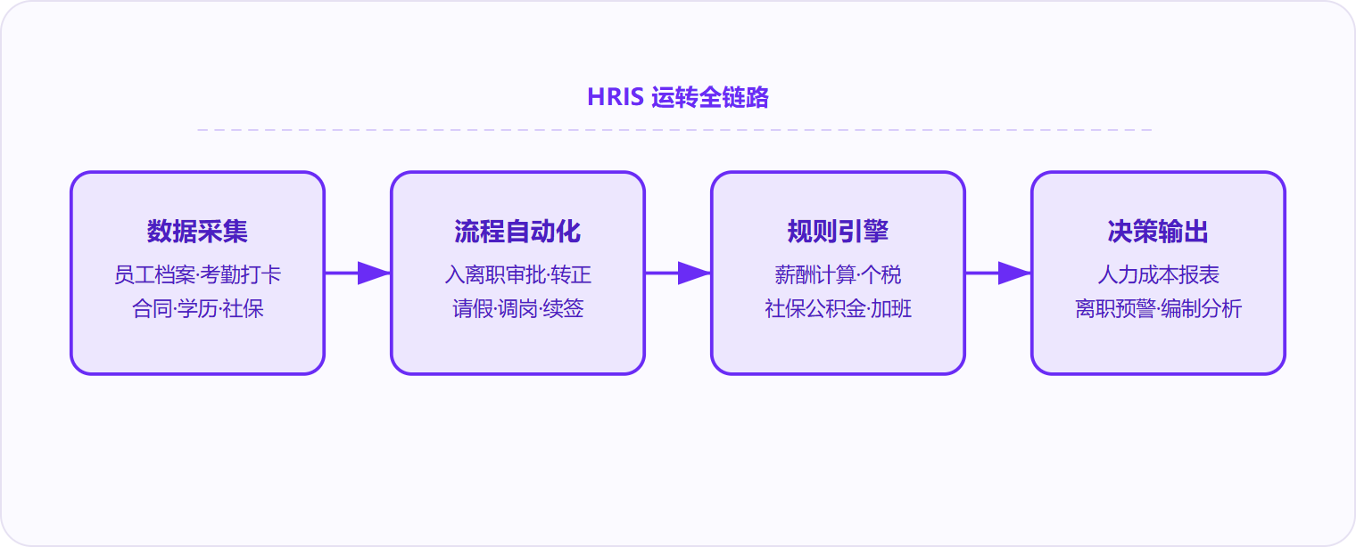 图 1:HRIS的核心运转逻辑是"采集—自动化—计算—输出"四步闭环,每一步的数据质量决定下一步的产出价值。