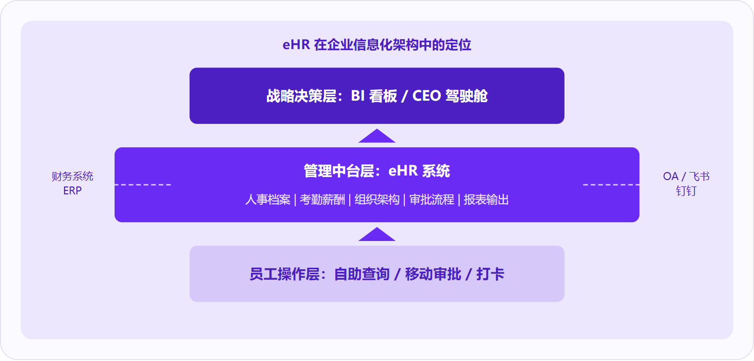 图 2:eHR处于企业信息化的管理中台层,向上为决策层提供人力数据,向下承接员工日常操作,左右打通财务与协作系统。