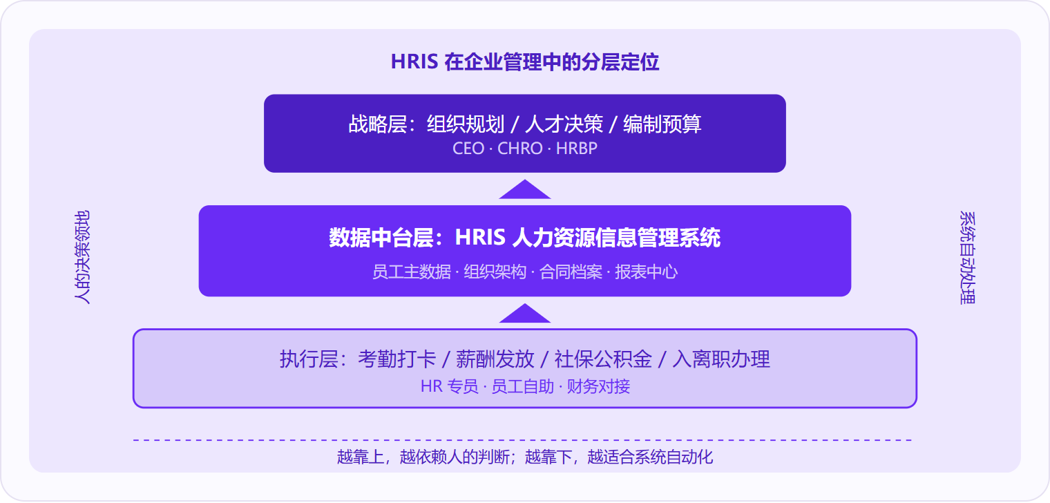 图 2:HRIS 处于企业管理的"数据中台层",向上支撑人才决策,向下驱动事务执行,但战略判断仍需由人完成。
