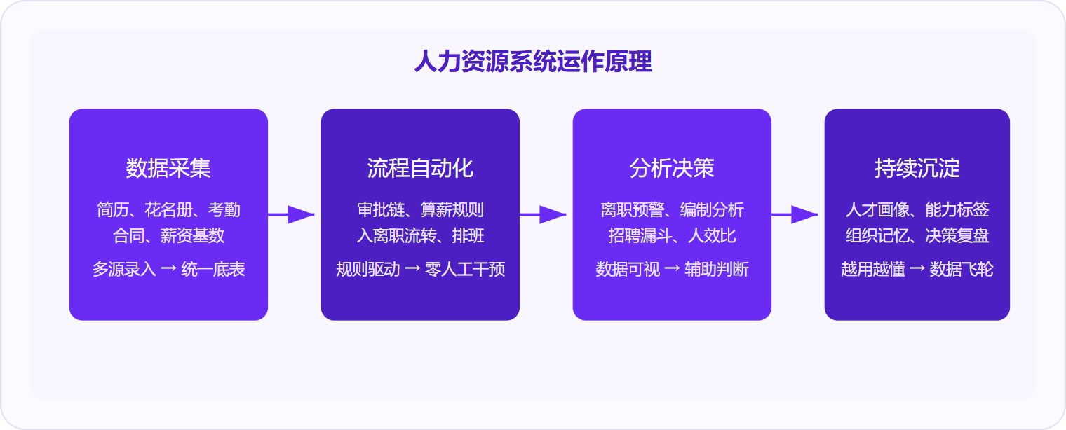 图 1:人力资源系统的核心价值链是"采集—自动化—分析—沉淀"四阶段闭环,最终形成越用越精准的数据飞轮。