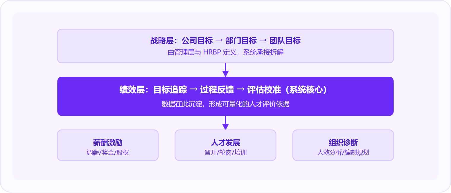 图 2:绩效管理系统处于人力资源链条中游,上承战略目标拆解,下驱薪酬、人才发展和组织诊断三大应用场景。